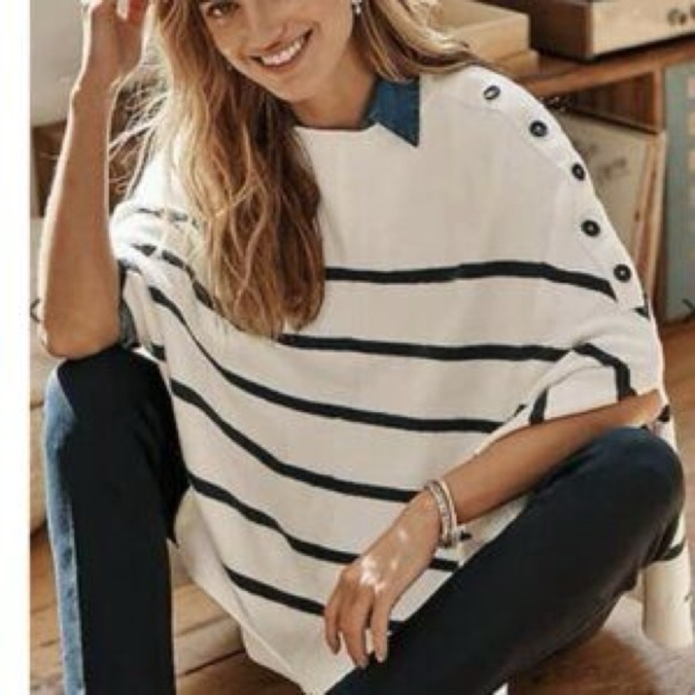 J Jill Navy & White Striped Sweater Poncho Cape Tunic O/S